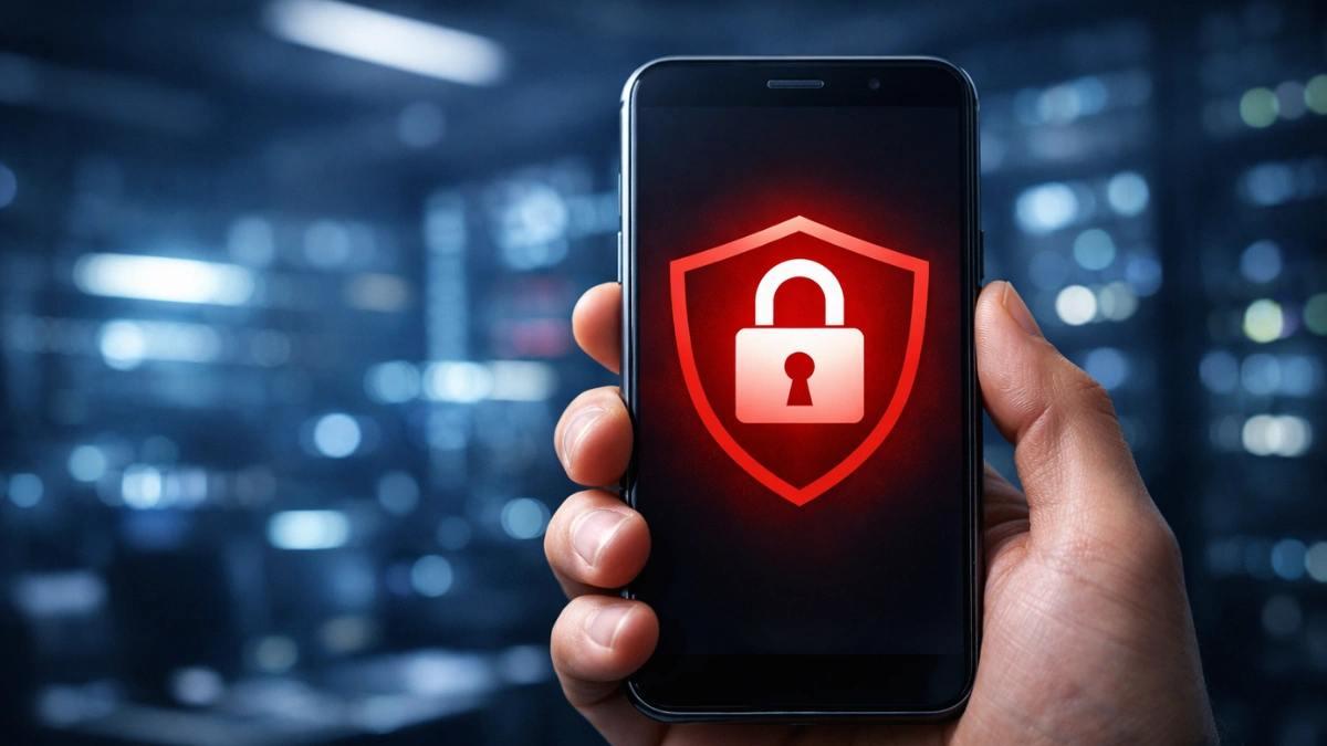 A smartphone displaying a red security warning icon against a high-tech digital background, illustrating a critical Android security warning.