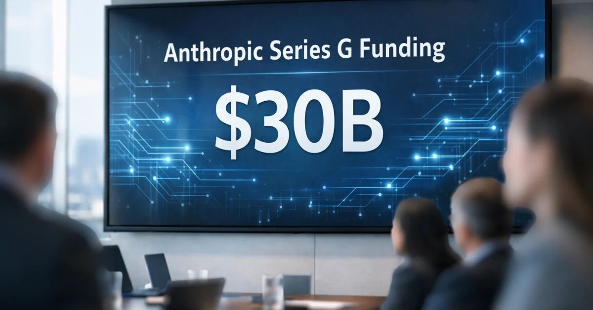 A modern office scene with a large digital display showing “Anthropic Series G Funding” and “$30B” alongside abstract AI-themed graphics.