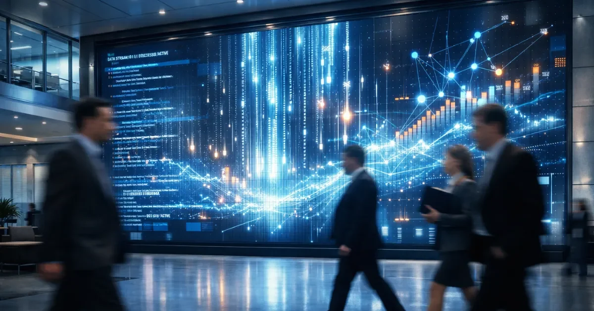 A futuristic high-tech office lobby with a large digital display showing abstract AI data and code, symbolizing Anthropic's enterprise growth and innovation.
