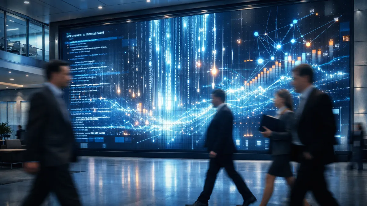 A futuristic high-tech office lobby with a large digital display showing abstract AI data and code, symbolizing Anthropic's enterprise growth and innovation.