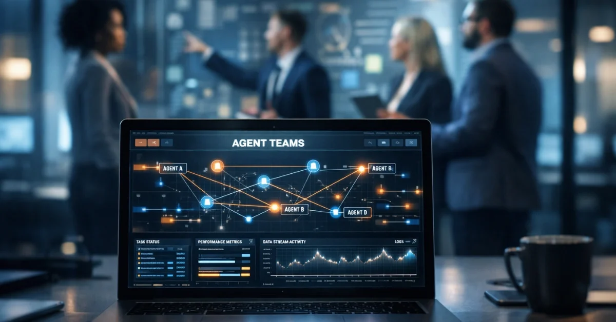 A laptop screen displaying the Claude Opus 4.6 Agent Teams interface with glowing data nodes in a modern corporate office setting.