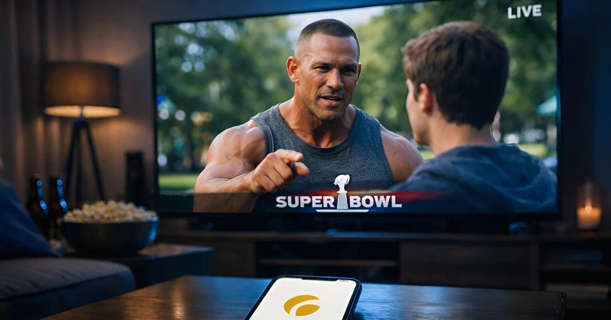A living room setting with a TV playing Anthropic's Super Bowl commercial featuring a muscular man in a park, while a phone in the foreground displays the Claude AI logo.