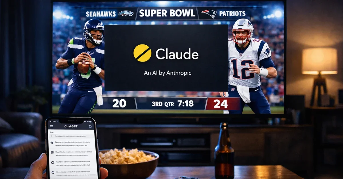 A living room setting showing a Super Bowl broadcast on a large TV featuring an Anthropic Claude AI advertisement while a nearby smartphone displays the ChatGPT interface with ads.