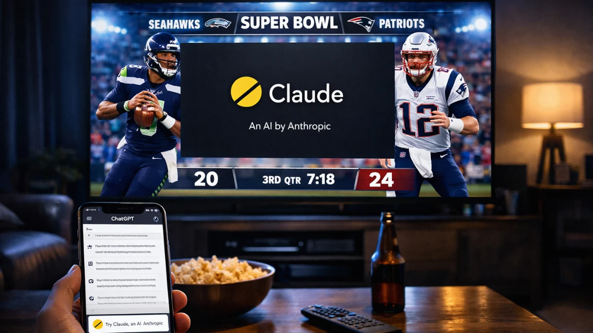 A living room setting showing a Super Bowl broadcast on a large TV featuring an Anthropic Claude AI advertisement while a nearby smartphone displays the ChatGPT interface with ads.