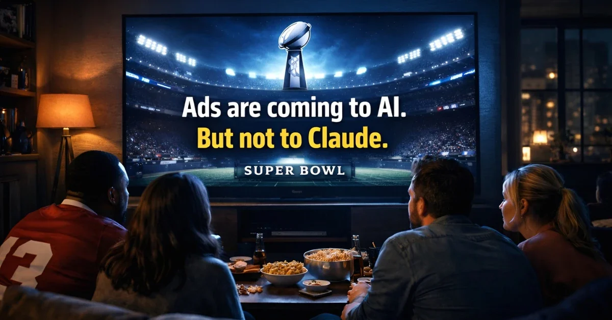 Friends watching Super Bowl LX on TV, featuring an Anthropic ad with the text "Ads are coming to AI. But not to Claude" on the screen.