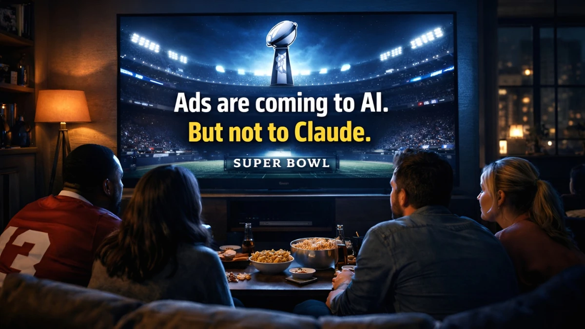 Friends watching Super Bowl LX on TV, featuring an Anthropic ad with the text "Ads are coming to AI. But not to Claude" on the screen.