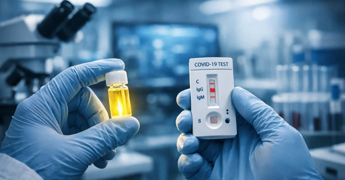 A scientist in a modern laboratory wearing blue gloves and holding a medical diagnostic test, representing research against antibiotic-resistant diseases.