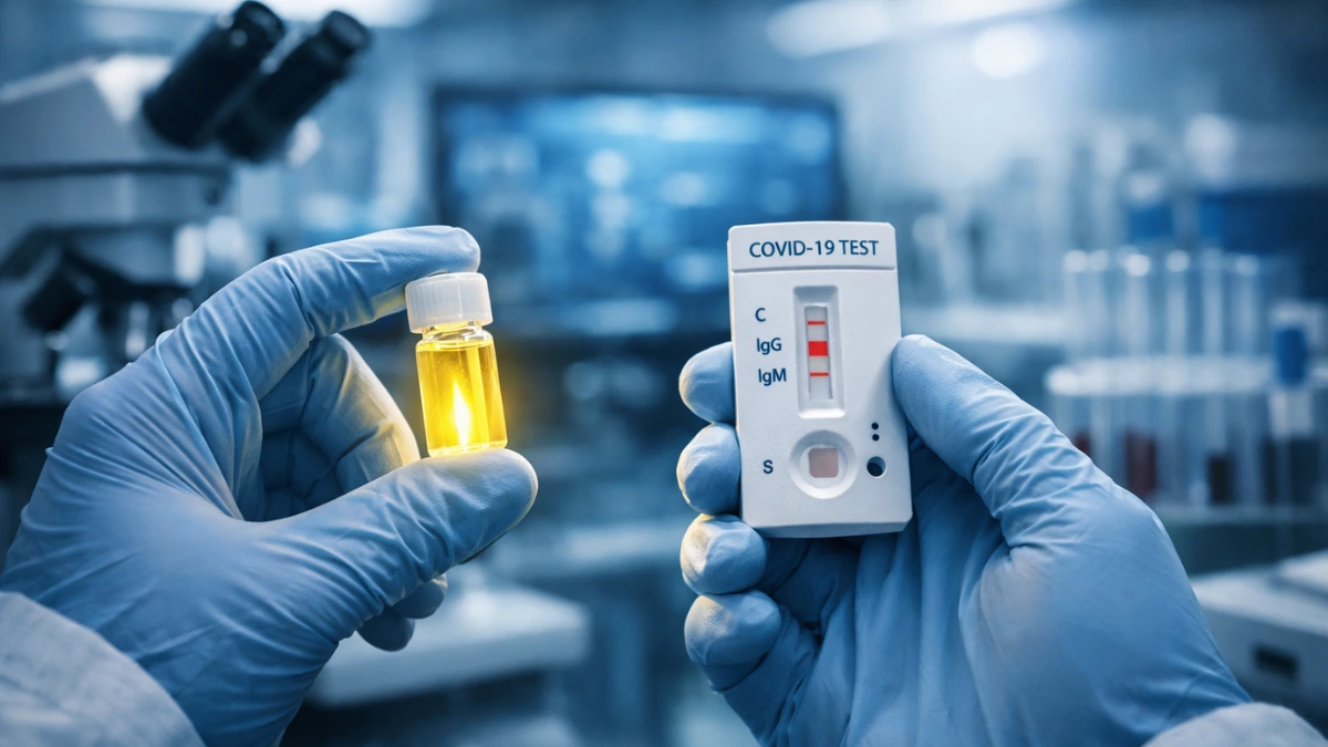 A scientist in a modern laboratory wearing blue gloves and holding a medical diagnostic test, representing research against antibiotic-resistant diseases.
