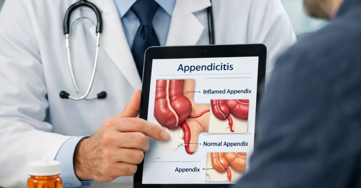 A doctor showing an adult patient a medical diagram of an appendix on a tablet during a consultation about antibiotic treatment.