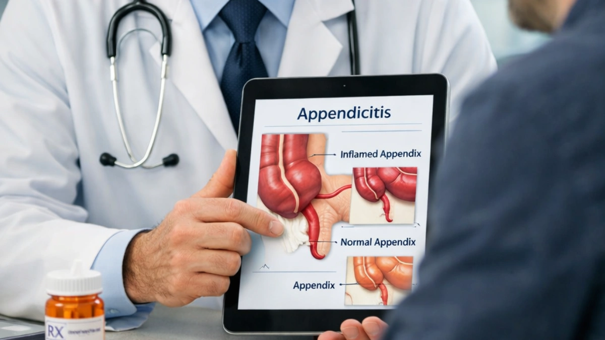 A doctor showing an adult patient a medical diagram of an appendix on a tablet during a consultation about antibiotic treatment.