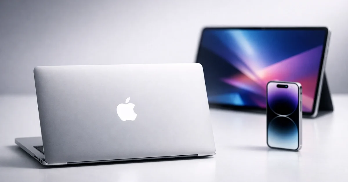 Apple product lineup featuring a silver MacBook, iPhone with Dynamic Island, and iPad on a white surface under studio lighting, representing Apple's March 2026 launch week.