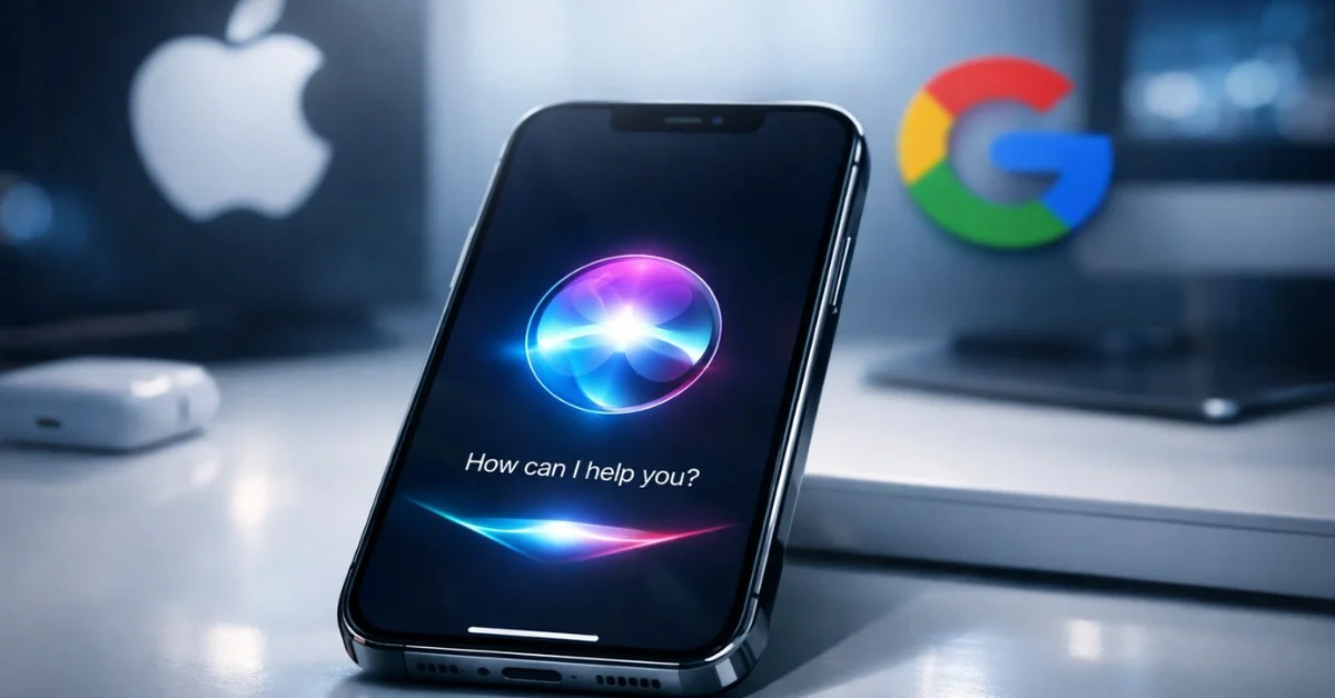An iPhone displaying the Siri AI voice assistant interface, with soft visual references to Google Gemini in the background, representing the Apple-Google multi-year AI partnership announced in 2026.