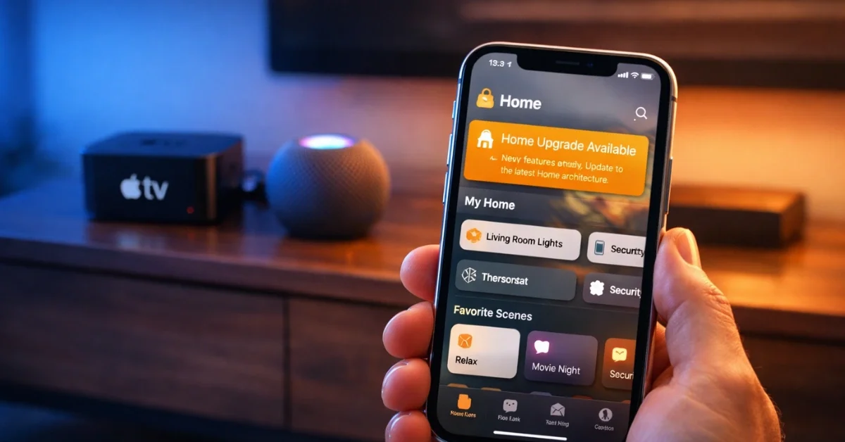 A person holding an iPhone displaying a Home Upgrade Available notification in the Apple Home app, with a HomePod and Apple TV in a modern living room background.