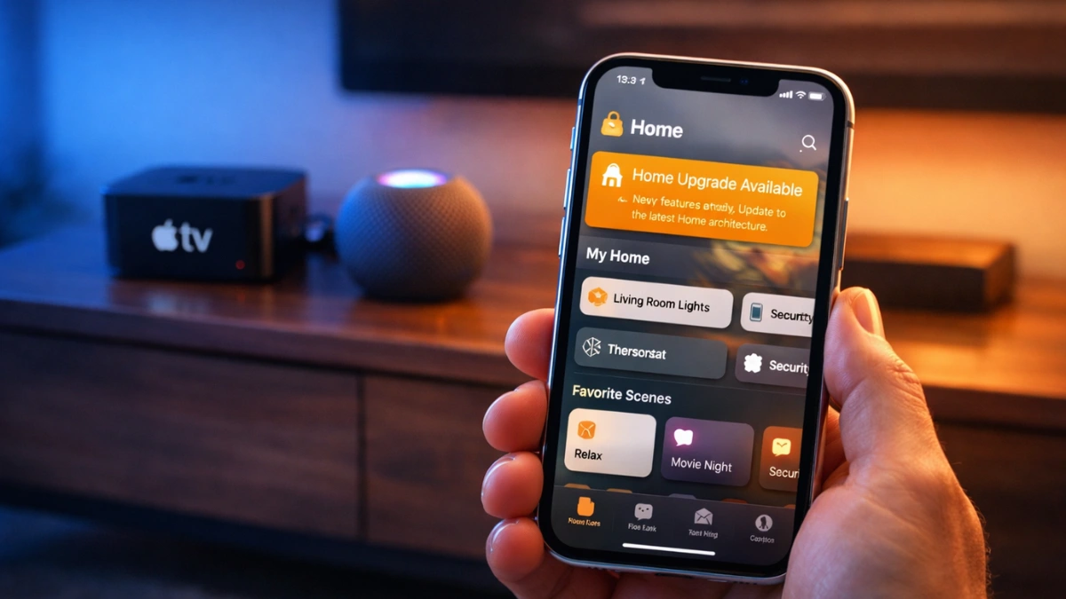 A person holding an iPhone displaying a Home Upgrade Available notification in the Apple Home app, with a HomePod and Apple TV in a modern living room background.