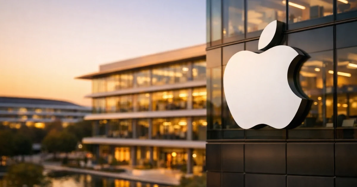 Apple corporate headquarters building with illuminated Apple logo displayed on modern glass architecture