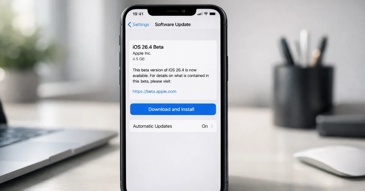 iPhone screen showing iOS 26.4 beta software update available for download in Settings app