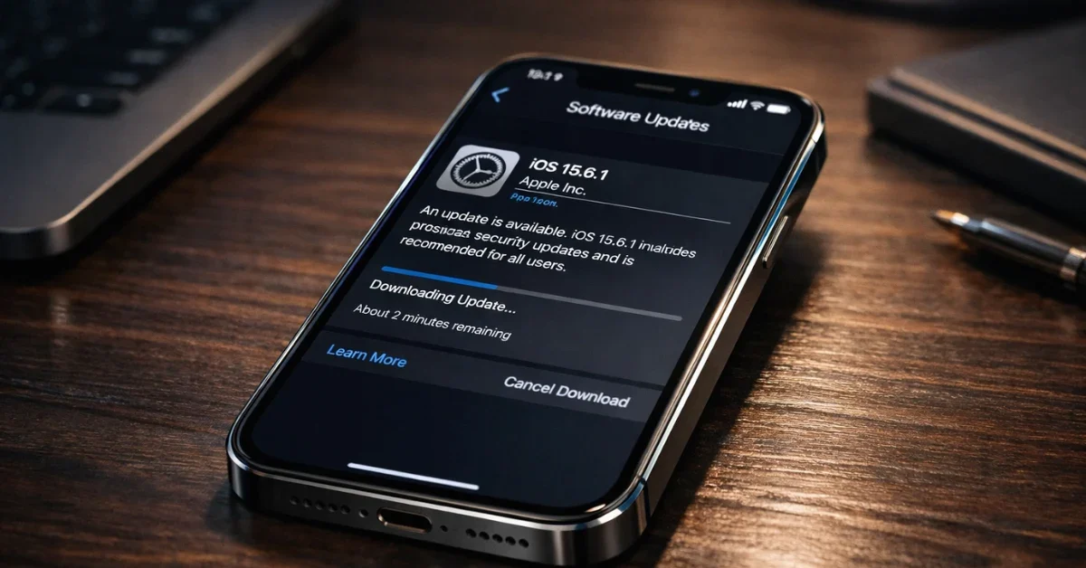 A sleek iPhone resting on a dark wooden desk displaying a new iOS software update screen under soft studio lighting.