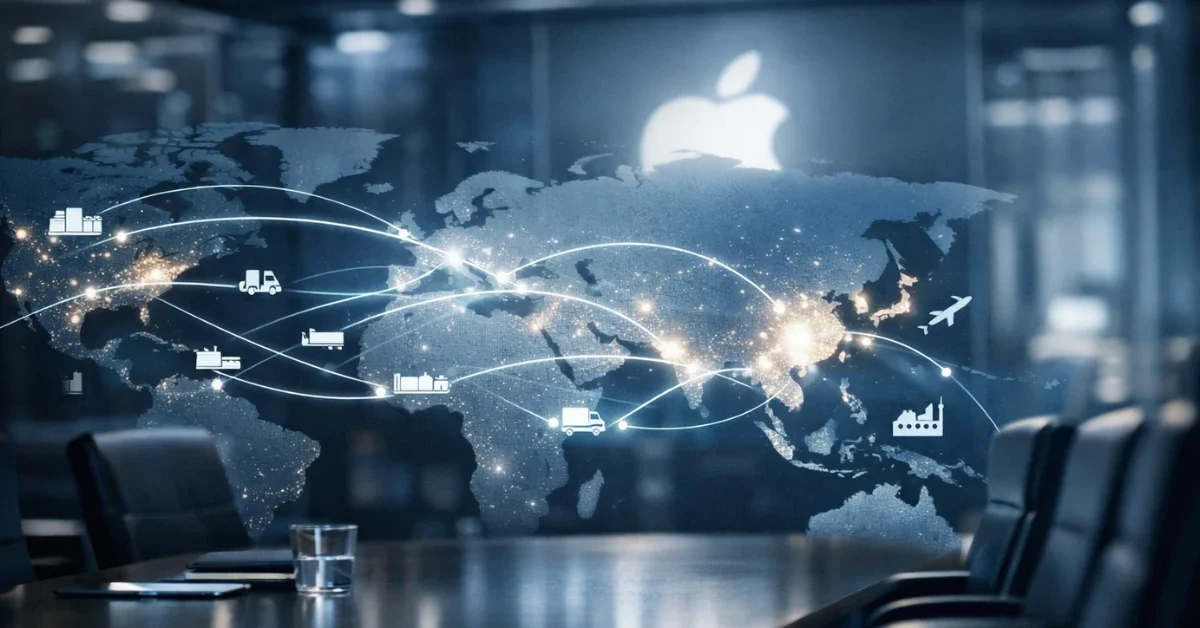 A modern corporate boardroom featuring a subtle Apple logo and digital supply chain graphics representing global manufacturing operations.