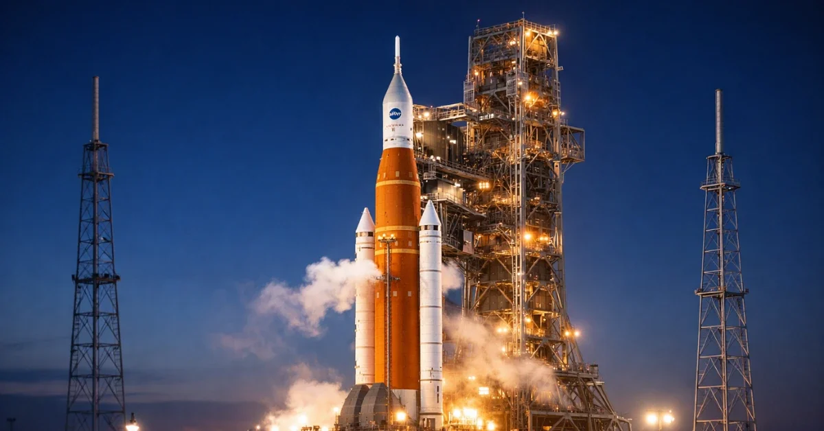 The Space Launch System rocket stands illuminated at the Kennedy Space Center launch pad during the Artemis II wet dress rehearsal.
