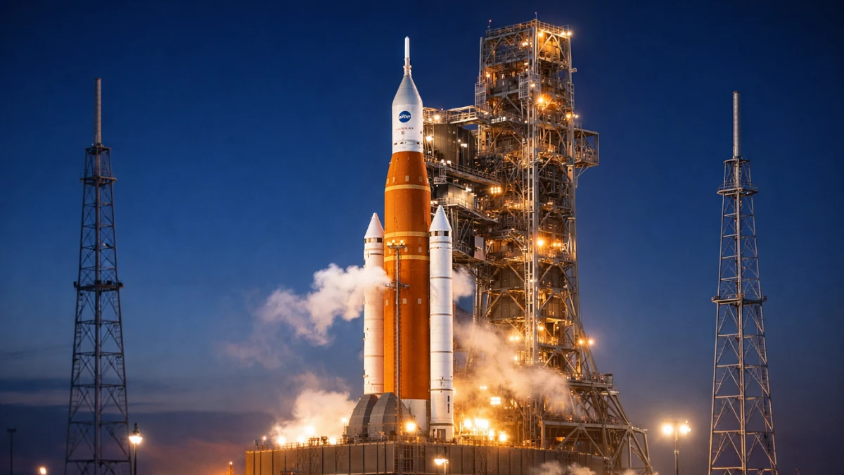 The Space Launch System rocket stands illuminated at the Kennedy Space Center launch pad during the Artemis II wet dress rehearsal.