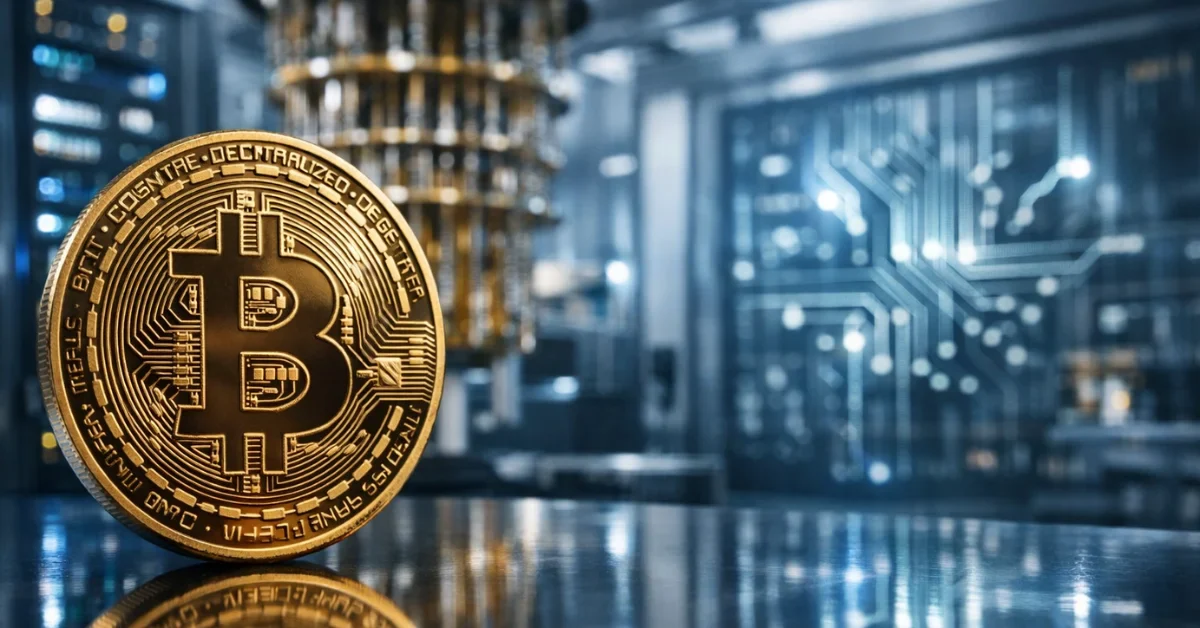 A close-up bitcoin coin in front of server racks and futuristic circuit lighting suggesting quantum computing in a lab setting.