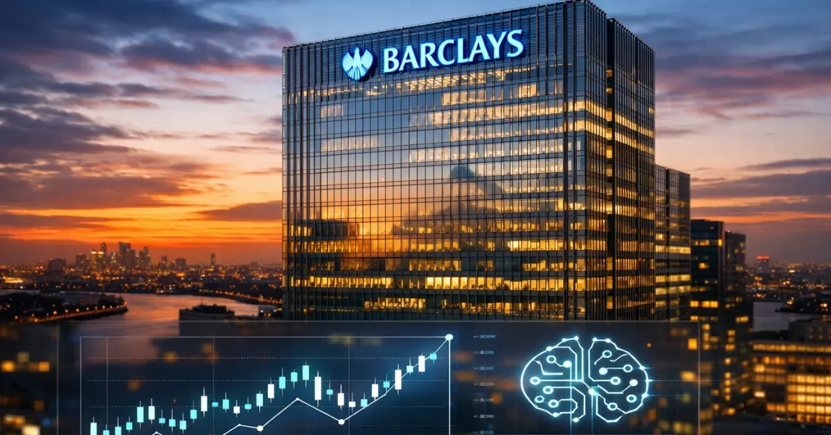 The Barclays headquarters building in London at sunset with a digital overlay of financial growth charts and an AI symbol, representing the bank's 2026 financial success and technological shift.