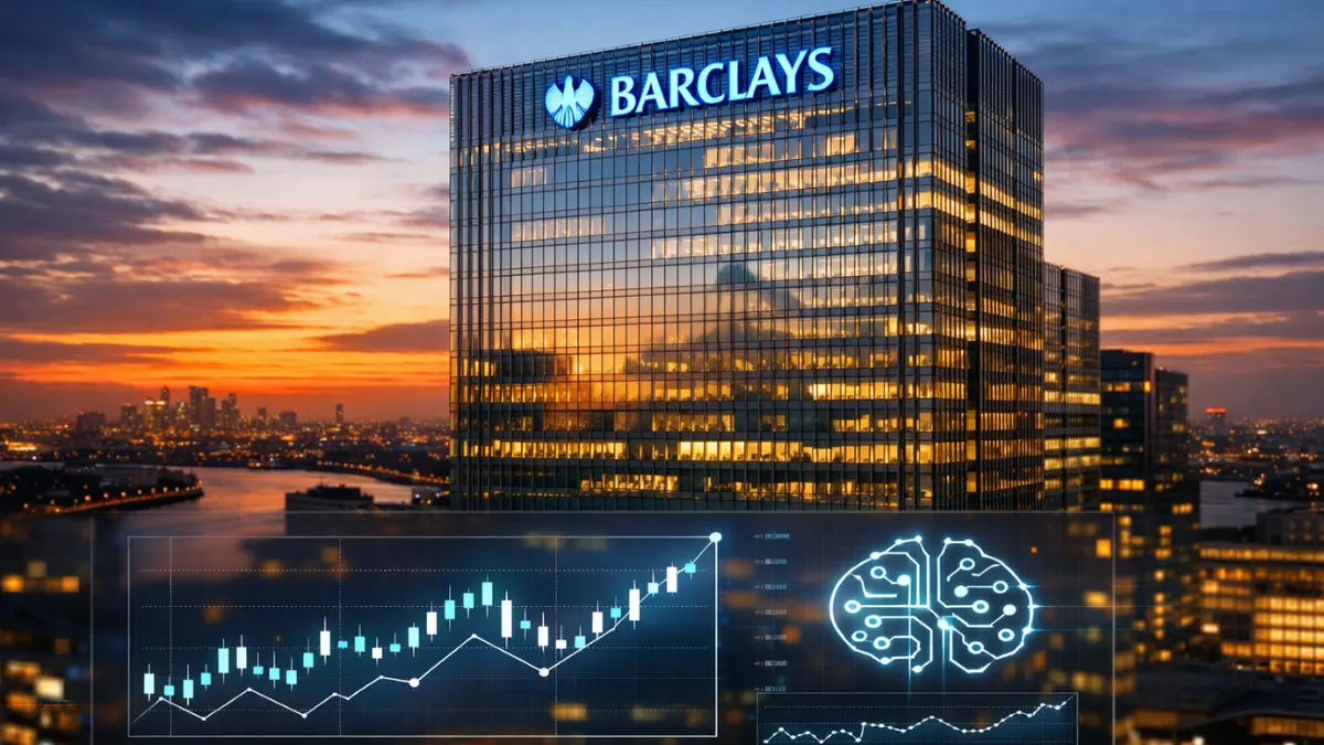 The Barclays headquarters building in London at sunset with a digital overlay of financial growth charts and an AI symbol, representing the bank's 2026 financial success and technological shift.