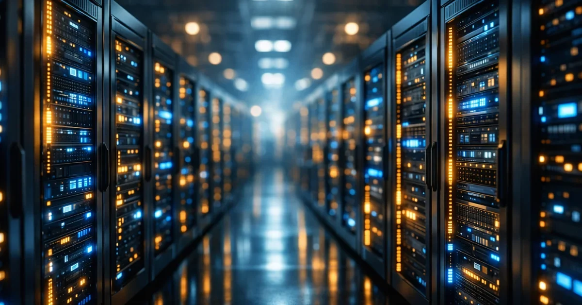 A hyper-realistic view of a glowing, modern data center server room representing big tech artificial intelligence infrastructure investments.