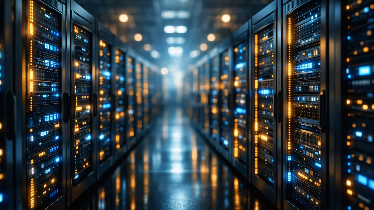 A hyper-realistic view of a glowing, modern data center server room representing big tech artificial intelligence infrastructure investments.