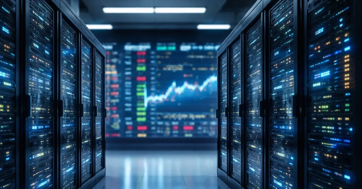 A wide view down a modern data center aisle with server racks lit in blue tones and a blurred stock market ticker display in the background.