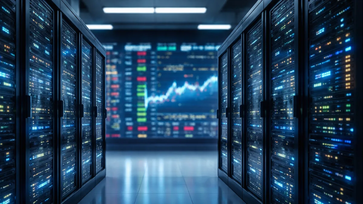 A wide view down a modern data center aisle with server racks lit in blue tones and a blurred stock market ticker display in the background.