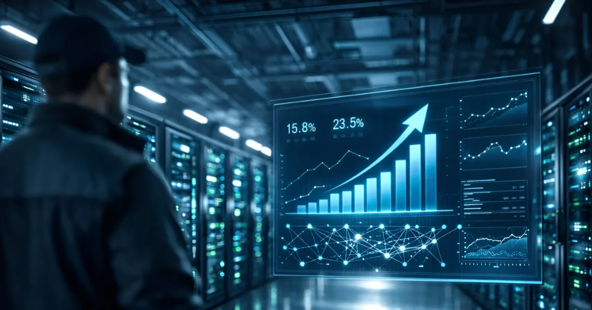 A futuristic data center interior with rows of illuminated server racks and a technician viewing a holographic financial chart, representing Big Tech's investment in AI infrastructure.