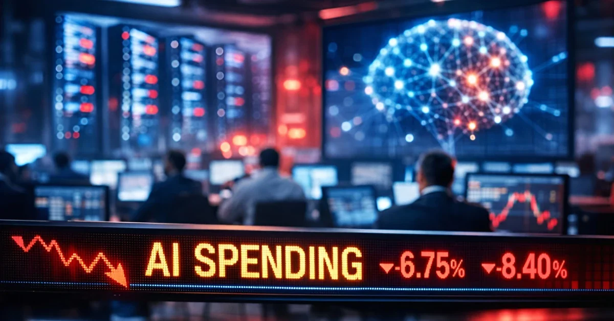 A modern stock trading floor with red and blue lighting features a digital ticker showing falling graphs and AI spending data, representing the 2026 tech stock slide.