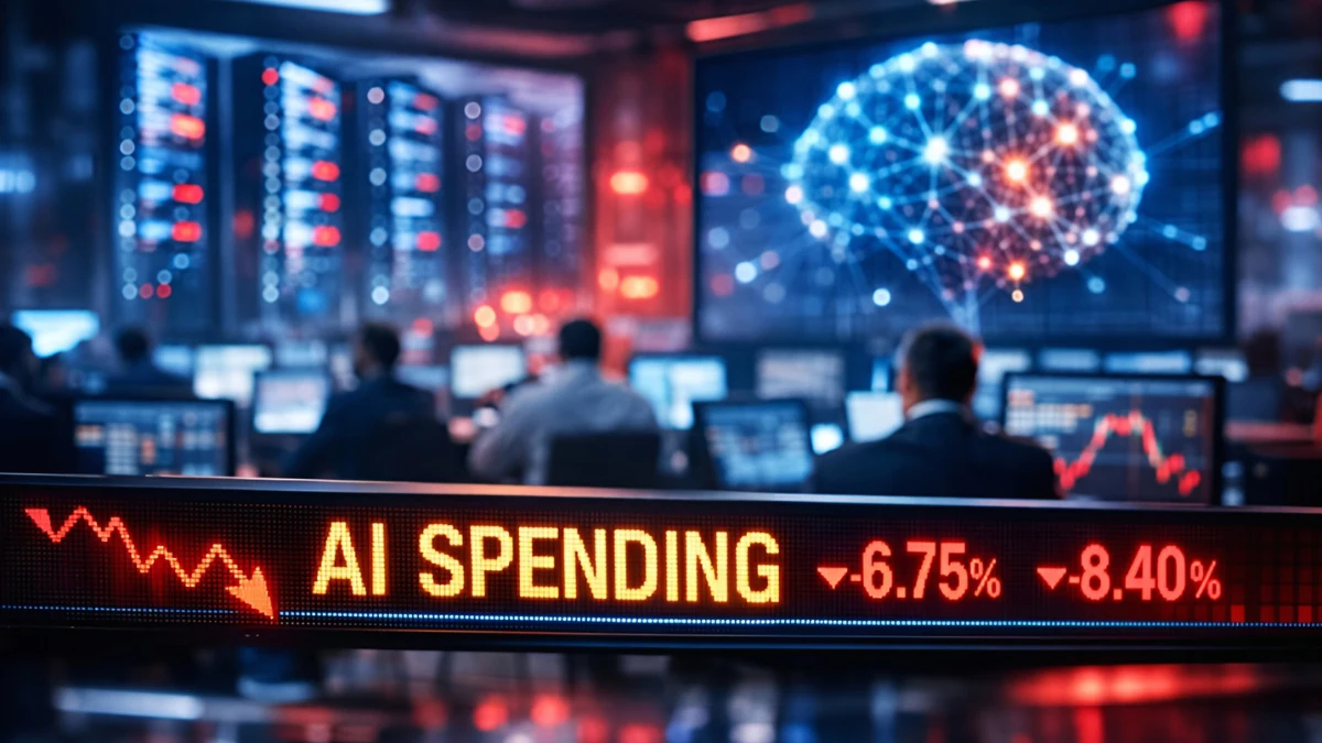 A modern stock trading floor with red and blue lighting features a digital ticker showing falling graphs and AI spending data, representing the 2026 tech stock slide.