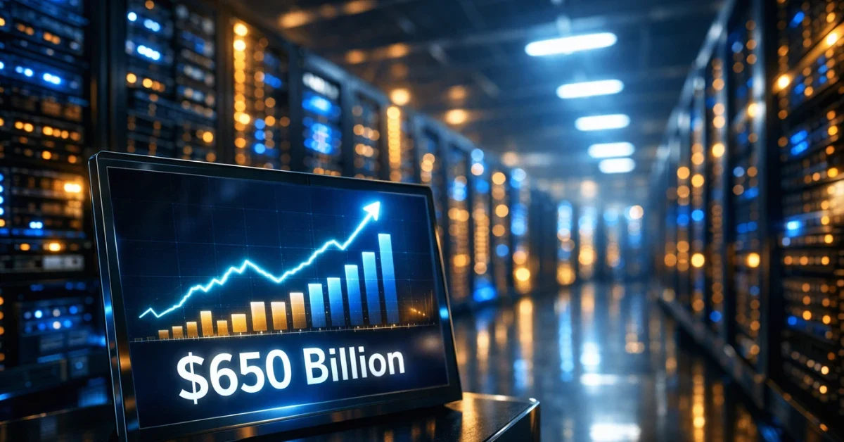 A futuristic server room with glowing blue and gold lights featuring a digital display projecting a rising financial chart.