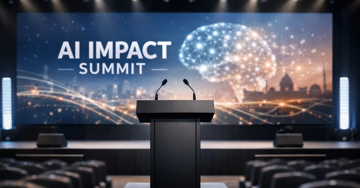 A wide view of a conference stage in New Delhi with an “AI Impact Summit” screen and an empty lectern before a keynote session.
