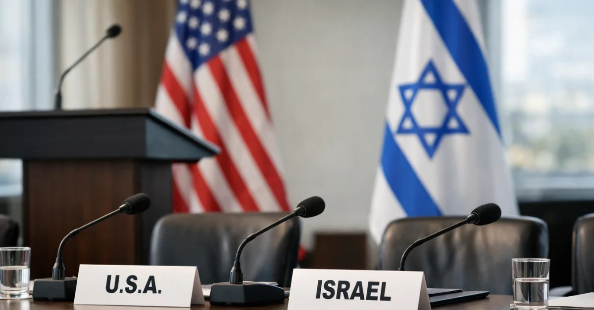 A conference room set up for an official meeting, with microphones and nameplates on a table and US and Israeli flags visible in the background.