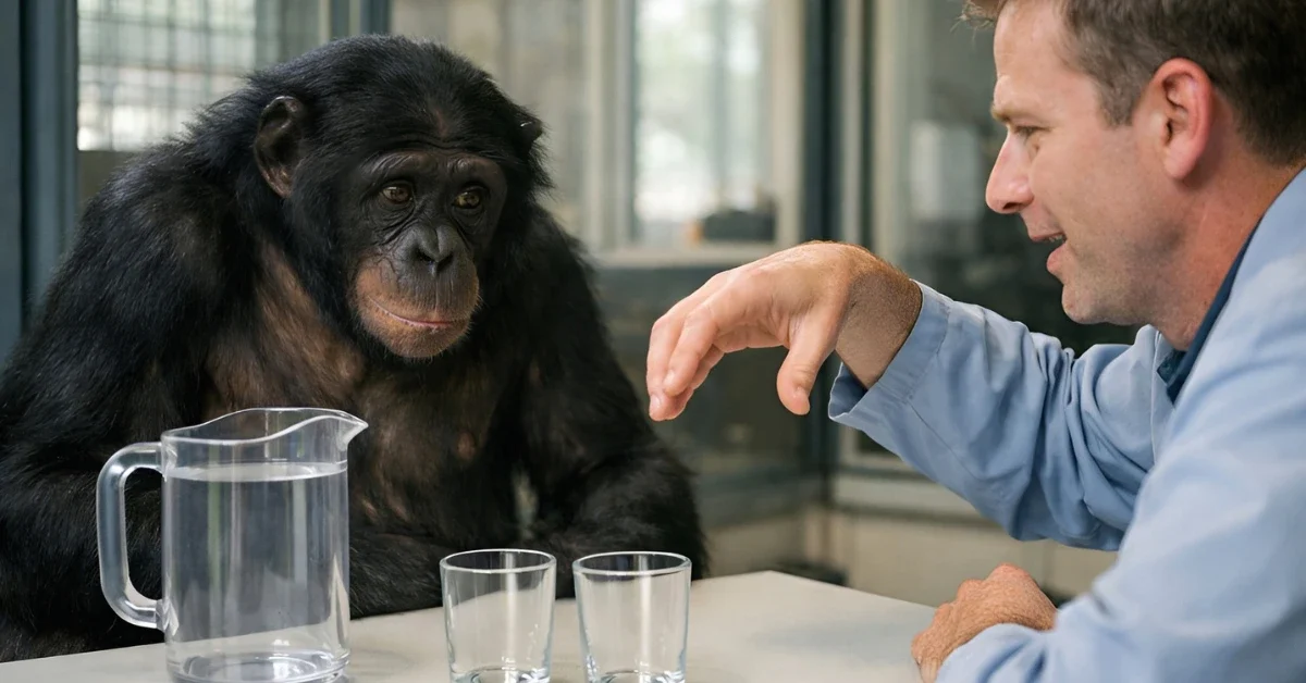 A bonobo sits at a table participating in a research experiment, watching a scientist pour imaginary juice from an empty pitcher into empty cups.