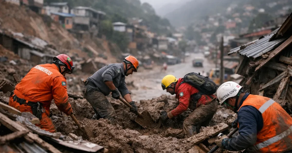 Rescue workers in high-visibility gear search through mud and debris following devastating floods and landslides in a hilly town in Minas Gerais, Brazil.