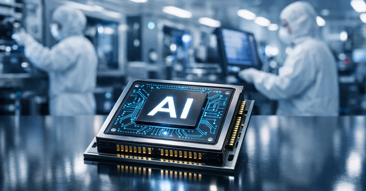 A glowing AI processor chip on a dark reflective surface inside a modern semiconductor cleanroom, with blurred cleanroom technicians and chip fabrication equipment visible in the background.