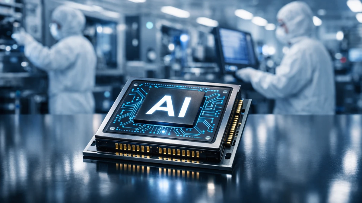A glowing AI processor chip on a dark reflective surface inside a modern semiconductor cleanroom, with blurred cleanroom technicians and chip fabrication equipment visible in the background.