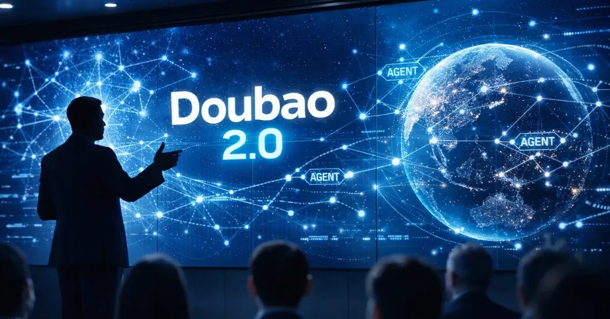 A high-tech presentation screen displaying the Doubao 2.0 logo and neural network visualizations in a modern innovation center in Beijing.