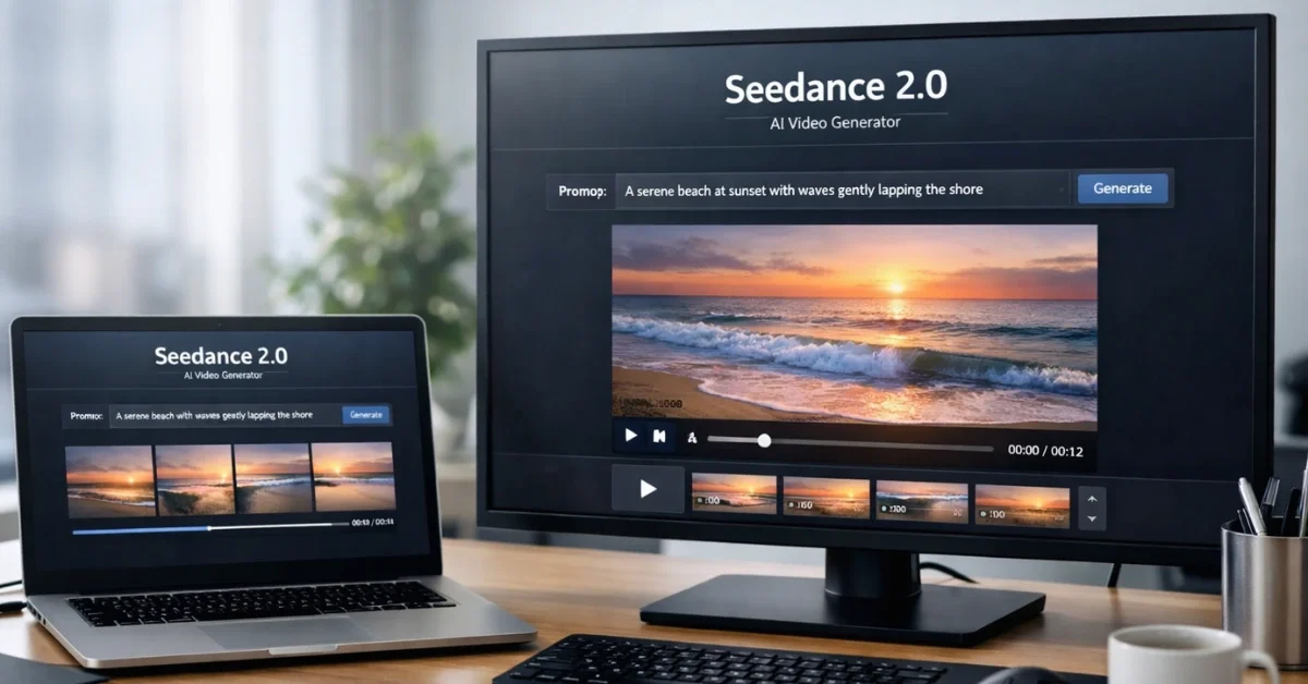 A laptop and monitor on an office desk display an AI video generation interface labeled “Seedance 2.0” with a prompt box and a short editing timeline.