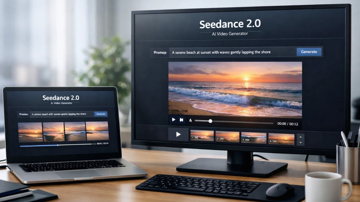 A laptop and monitor on an office desk display an AI video generation interface labeled “Seedance 2.0” with a prompt box and a short editing timeline.