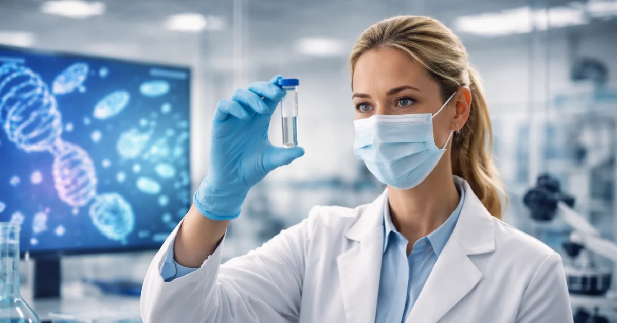 A scientist in a modern lab holds a sample vial, with a blurred computer display showing microbiome-themed graphics in the background.