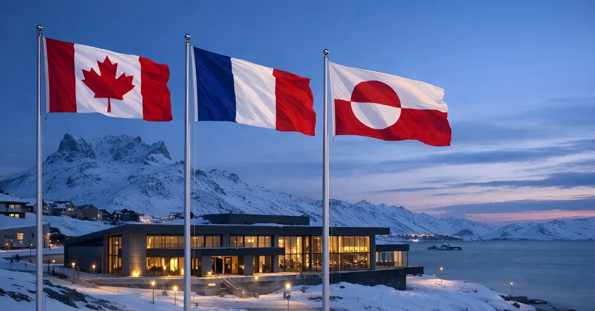 Canadian, French, and Greenlandic flags flying outside a new diplomatic building in Nuuk, Greenland, during a snowy winter evening.