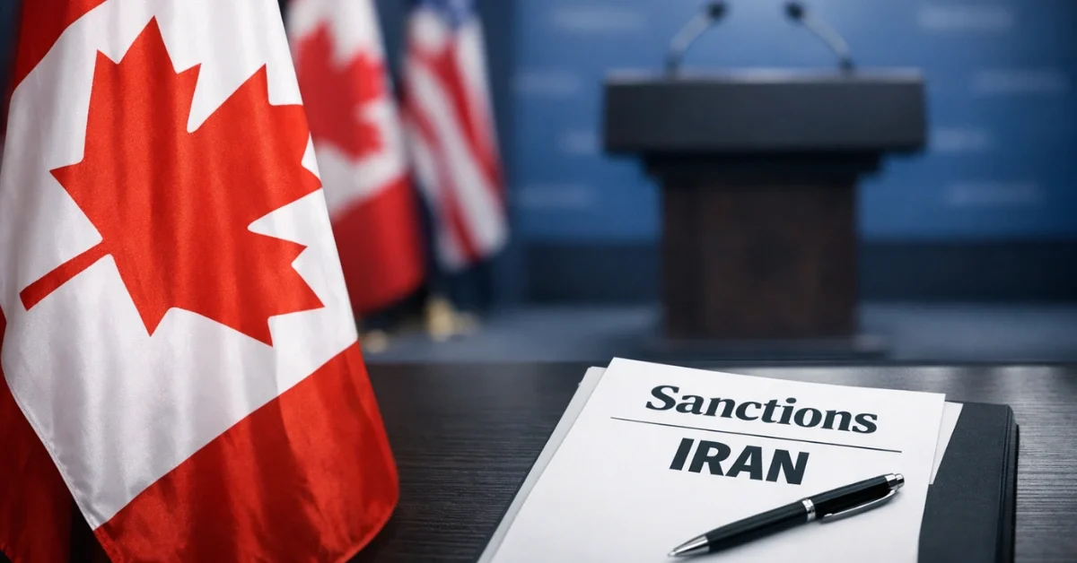 A Canadian flag in the foreground with a blurred podium backdrop and a document on a desk labeled sanctions and Iran.