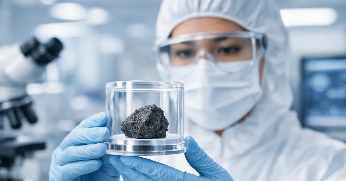 A scientist in a high-tech laboratory examines a dark lunar rock sample collected by the Chang'e-6 mission from the Moon's far side.