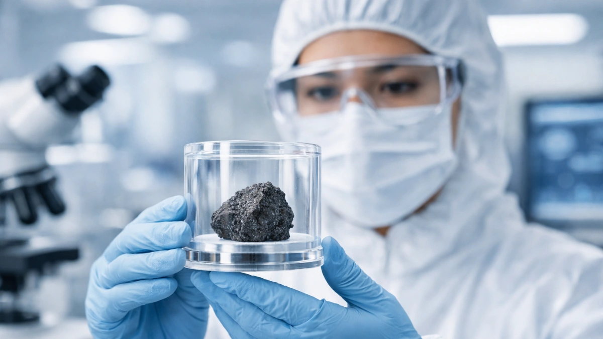 A scientist in a high-tech laboratory examines a dark lunar rock sample collected by the Chang'e-6 mission from the Moon's far side.