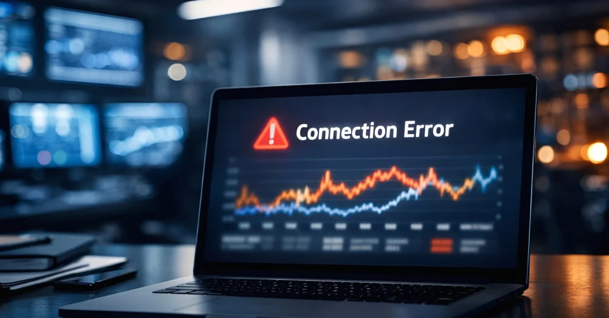 A laptop screen displaying a connection error graph in a modern, high-tech office setting, representing the ChatGPT service outage.